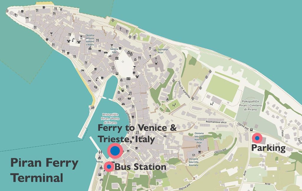Piran ferry port - location of terminal, bus station and parking.
