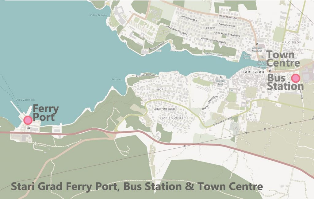 Location of the port, town centre and main bus station